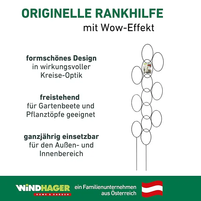 Windhager Rankhilfe Circle - B x H: 35 x 150 cm, Metall, Anthrazit - Das Bild zeigt eine Rankhilfe mit kreisförmigem Design, die sich ideal für Gärten und Innenräume eignet und das ganze Jahr über verwendet werden kann.