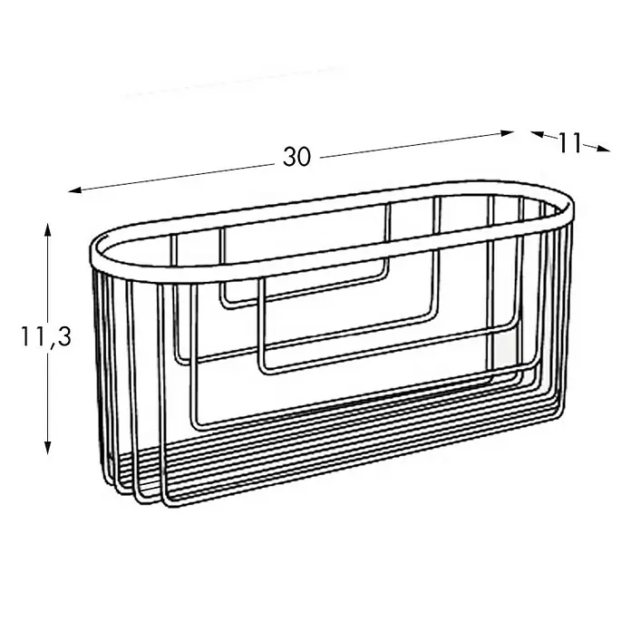 Tatay Aluminium Cesta de baño oval - 12 x 30 x 11,5 cm, Cromo - Ilustración de una cesta de alambre con medidas. La cesta de alambre es un elemento de almacenamiento práctico de 30 x 11,3 x 11 cm.