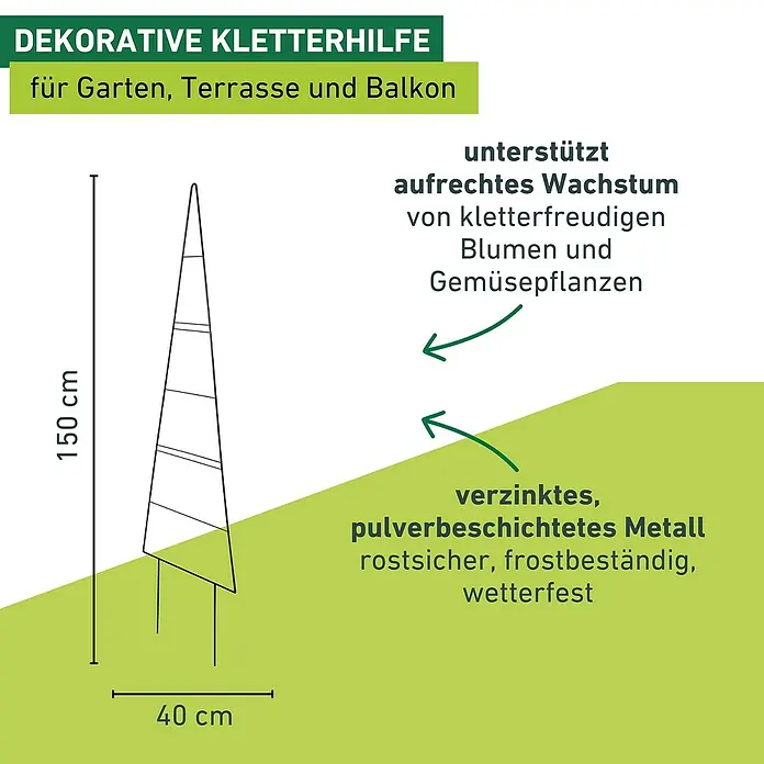 Windhager Rankhilfe Tree - B x H: 40 x 150 cm, Metall - Bild einer dekorativen Kletterhilfe für Garten, Terrasse und Balkon mit Maßangaben.
