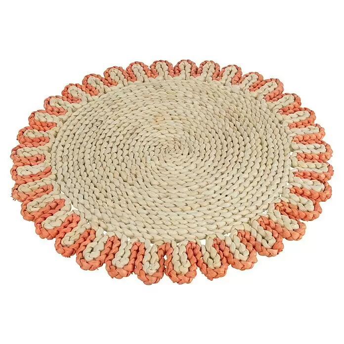 Tisch-Set - Natur/Orange, Durchmesser: 38 cm - Ovaler geflochtener Platzset mit hellbeigem Spiralzentrum und gewelltem Pfirsich- und Beige-Rand.