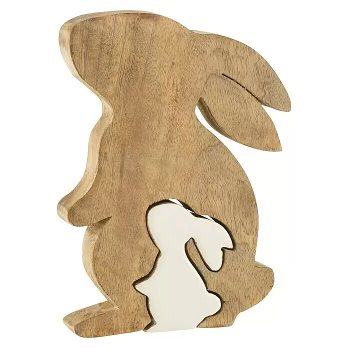 Dekofigur Hase Silhouette - L x B x H: 15 x 2,5 x 20 cm, Natur/Weiß, Holz - Hasendekoration aus Holz mit einem weißen Hasen-Ausschnitt darin.
