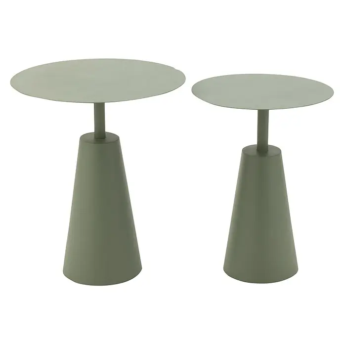 Beistelltisch Style - Ø x H: 39 x 51 cm, Grün, Metall - Zwei moderne Beistelltische in Olivgrün. Die Tische haben eine runde Tischplatte und einen konischen Fuß, die für einen minimalistischen Look sorgen.