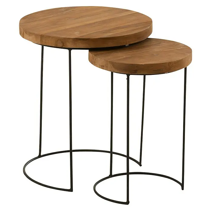 Beistelltisch - Ø x H: 28 x 41 cm, Holz - Zwei runde Satztische mit Holzplatte und Metallgestell in verschiedenen Größen, die sich überlappen.