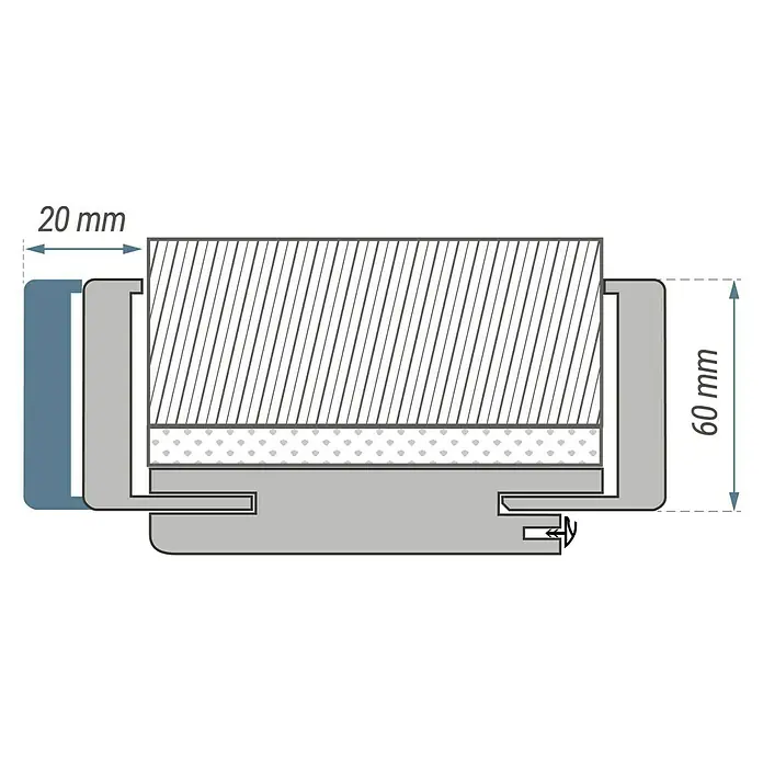 Classen PL Türzarge - 860 x 1.985 mm, Wandstärke: 120 mm, DIN Anschlag: Rechts, Monari Weiß - Querschnittansicht einer Vorhangschiene mit den Maßen 20mm und 60mm, die die Details und Abmessungen der Vorhangschiene hervorhebt.