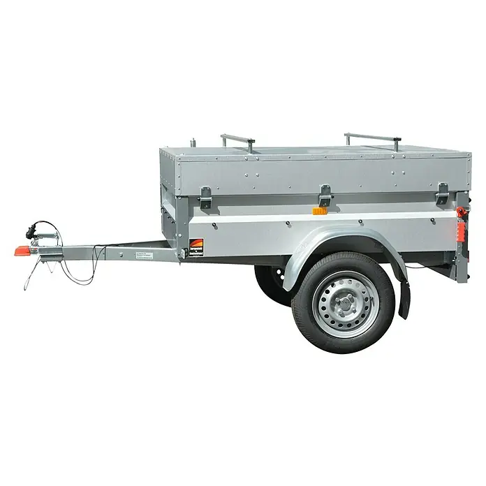 Stema Anhänger Basic 550 mit Metalldeckel - Nutzlast: 396 kg, Einachser, Kasteninnenmaß: 154 x 108 x 33 cm, Ungebremst - Abbildung eines Anhängers mit abschließbarem Deckel für sicheren Transport. Ideal für Freizeit und Gewerbe.