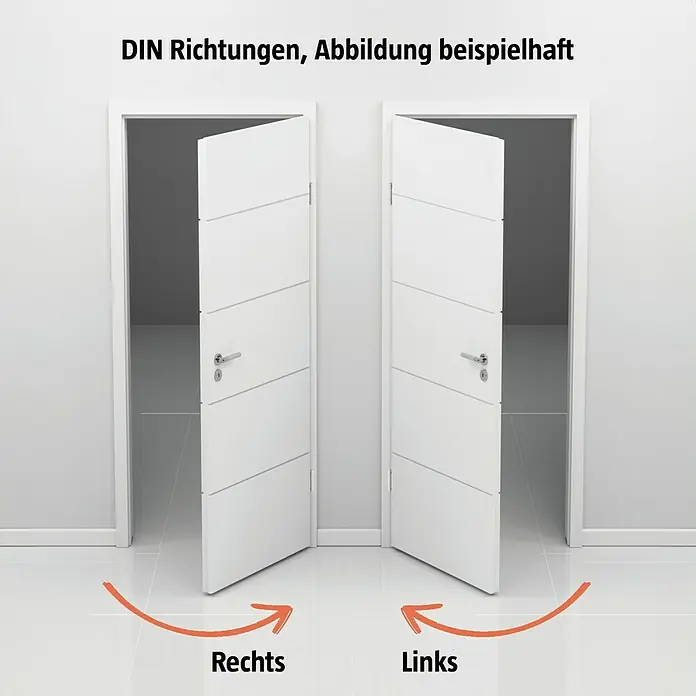 Classen PL Zimmertür - 860 x 1.985 mm, DIN Anschlag: Rechts, Eiche Claveland, Wabe - Darstellung von DIN-Richtungen mit zwei weißen Türen, die jeweils nach rechts und links geöffnet sind. Abbildung beispielhaft.