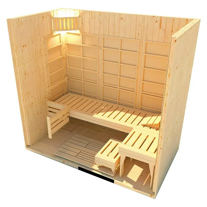 Weka Infrarot-Sauna-Kombikabine Uppsala - Therm-Flächenstrahler + 3,6 kW Bio-Saunaofen, 121 x 212 x 199 cm - Saunaraum-Bausatz mit Bänken, Holzwänden und eingebauter Beleuchtung für ein entspannendes Wellness-Erlebnis.