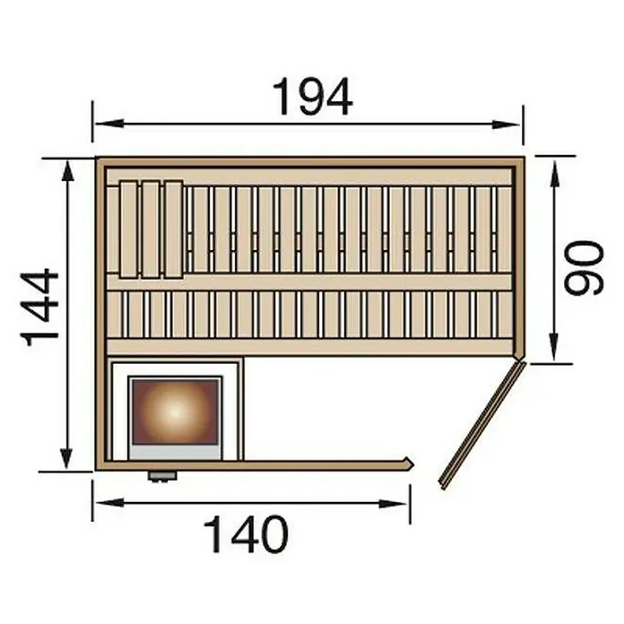 Weka Elementsauna Varberg 1 GT - Ohne Ofen, L x B x H: 144 x 194 x 199 cm - Draufsicht einer Sauna mit den Maßen 194 x 144 x 90 cm und einem Ofenbereich von 140 cm Länge.