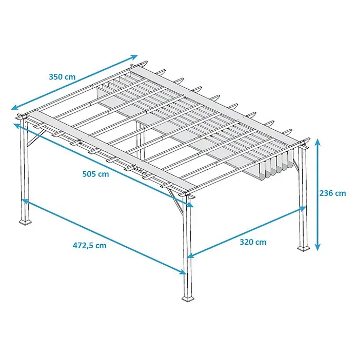 Paragon Outdoor Raffpavillon Florenz - B x T: 505 x 350 cm, Farbe Dach: Weiß, Farbe Gestell: Weiß - Abbildung einer Pergola mit Maßangaben zu Länge, Breite und Höhe für detaillierte Produktinformationen.