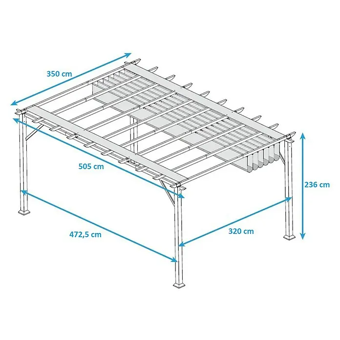 Paragon Outdoor Raffpavillon Florenz - B x T: 505 x 350 cm, Farbe Dach: Weiß, Farbe Gestell: Weiß - Abbildung einer Pergola mit Maßangaben zu Länge, Breite und Höhe für detaillierte Produktinformationen.