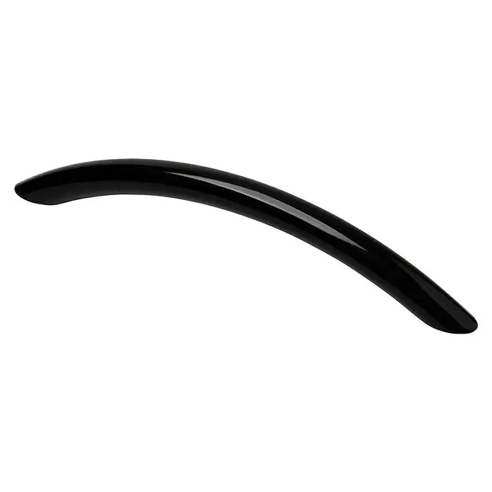 Möbelgriff - Typ Möbelgriff: Bügel, Sonstige, Lackiert, Schwarz, Länge: 150 mm - Nahaufnahme eines gebogenen, glänzenden, schwarzen Produkts, möglicherweise ein Griff oder ein Accessoire, vor einem schwarzen Hintergrund.