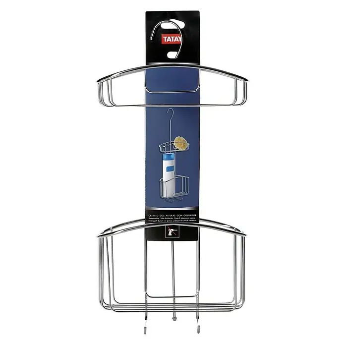 Tatay Cesta de baño colgante doble - L x An x Al: 9 x 22,5 x 60 cm, Cromo - Una cesta de ducha colgante de dos niveles con ganchos para mayor almacenamiento, perfecta para elementos esenciales de baño.