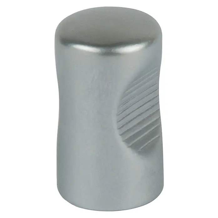 Möbelknopf - Typ Möbelgriff: Knopf, Ø x H: 14 x 25 mm, Sonstige, Verchromt - Nahaufnahme einer gerändelten, silberfarbenen Aluminiumkappe mit abgerundeter Oberseite, ideal für verschiedene Anwendungen.