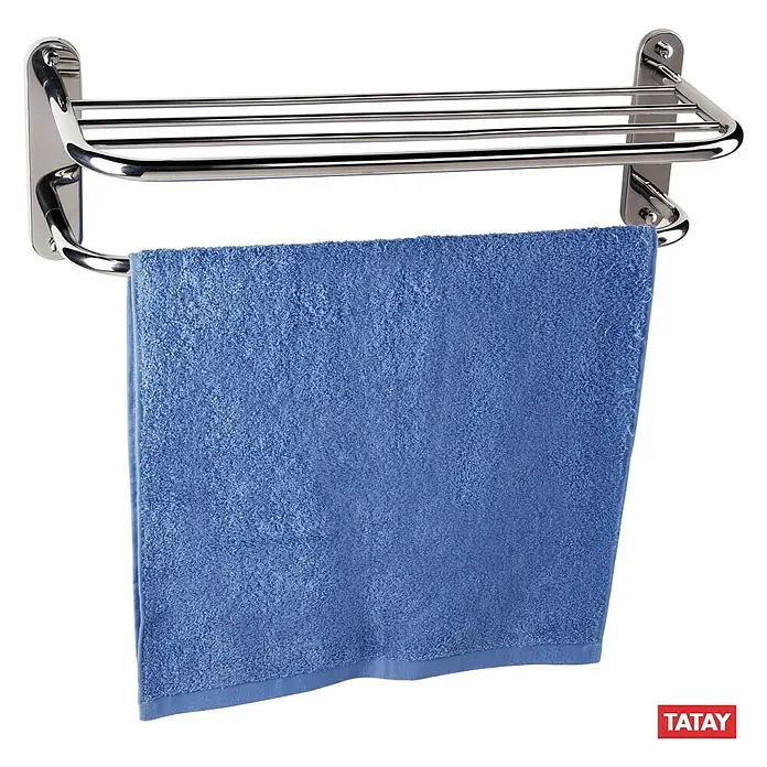 Tatay Portatoallas - Ancho: 65 cm, Cromo - Toallero con toalla azul. El toallero es de acero inoxidable y tiene un estante de almacenamiento.