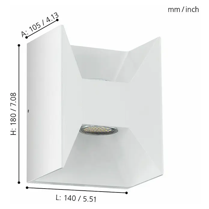 Eglo Aplique exterior LED Morino - 5 W, 10,5 x 14 x 18 cm, Blanco, IP44 - Imagen de una lámpara de pared blanca con iluminación LED y dimensiones en milímetros y pulgadas como referencia.