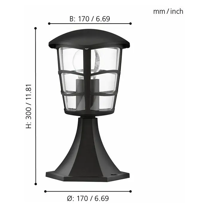 Eglo Aloria Sobremuro exterior - 60 W, Color del marco: Negro, 17 x 17 x 30 cm, Sin bombillas - Imagen de una farola negra de exterior con dimensiones. La linterna tiene una bombilla transparente y está equipada con puntales.