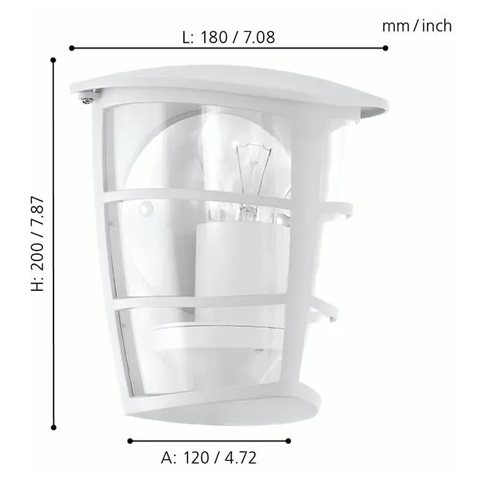 Eglo Aloria Aplique exterior - 60 W, 12 x 18 x 20 cm, Blanco, IP44, Pared - Primer plano de una lámpara de pared blanca con dimensiones de altura 200 mm, longitud 180 mm y anchura 120 mm.
