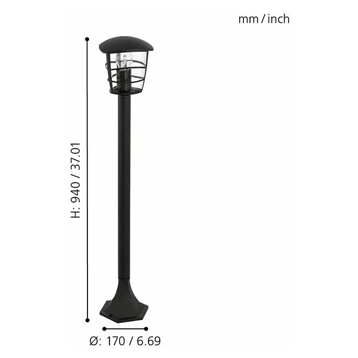 Eglo Aloria Lámpara de pie para exterior - 60 W, Color del marco: Negro, 17 x 17 x 94 cm, Sin bombillas - Dimensiones de la baliza: altura 940 mm/37,01 pulgadas, diámetro 170 mm/6,69 pulgadas. Iluminación ideal para jardín, camino de entrada o patio.