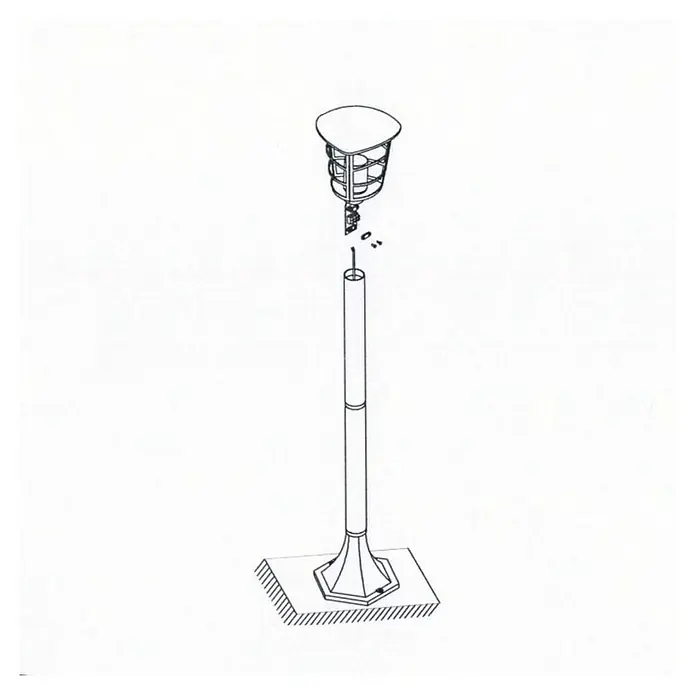 Eglo Aloria Lámpara de pie para exterior - 60 W, Color del marco: Negro, 17 x 17 x 94 cm, Sin bombillas - Boceto de una farola desmontada con una pantalla redonda sobre un poste alto, montada sobre una base cuadrada.
