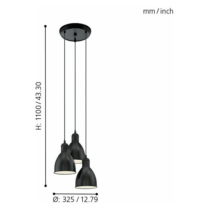 Eglo Priddy Lámpara colgante redonda (3 × 60 W, Negro, Ø x Al: 15,5 x 110 cm)