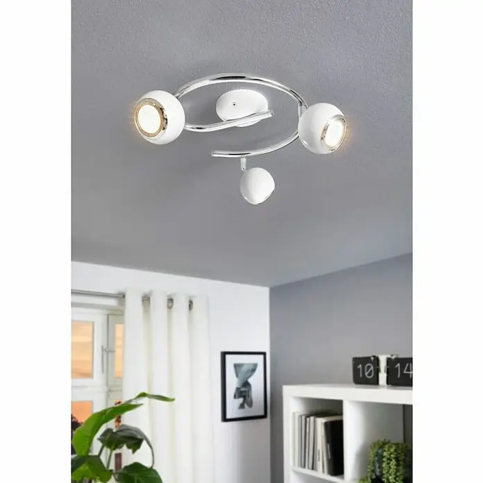 Eglo Plafón LED Bimeda - 9 W, L x An x Al: 29 x 29 x 34,5 cm, Blanco/Cromado, Blanco cálido - Elegante lámpara de techo con tres bombillas esféricas blancas y marco cromado, ideal para espacios modernos. Iluminación elegante para tu hogar.