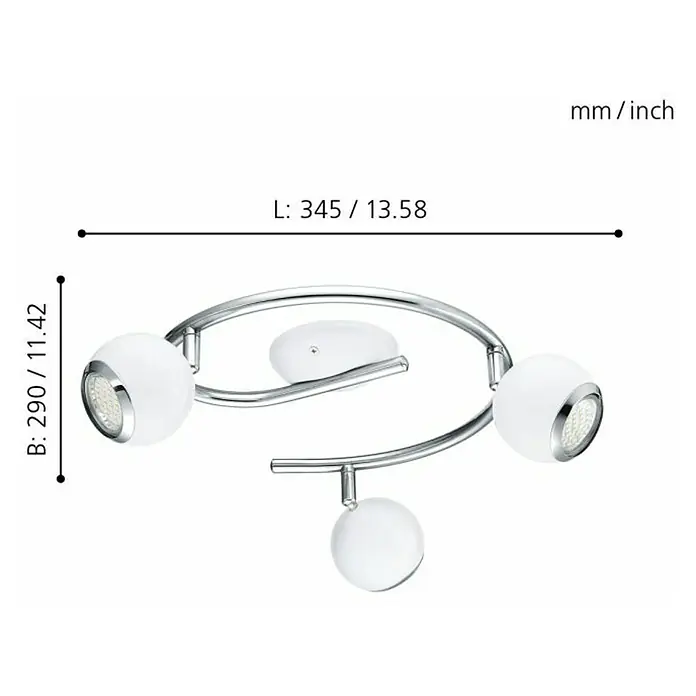 Eglo Plafón LED Bimeda - 9 W, L x An x Al: 29 x 29 x 34,5 cm, Blanco/Cromado, Blanco cálido - Imagen de una lámpara de techo con tres focos y las dimensiones correspondientes en milímetros y pulgadas.