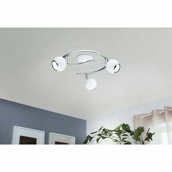 Eglo Plafón LED Bimeda - 9 W, L x An x Al: 29 x 29 x 34,5 cm, Blanco/Cromado, Blanco cálido - Esta lámpara de techo cromada presenta tres pantallas blancas redondas, ofreciendo una solución de iluminación moderna y elegante.