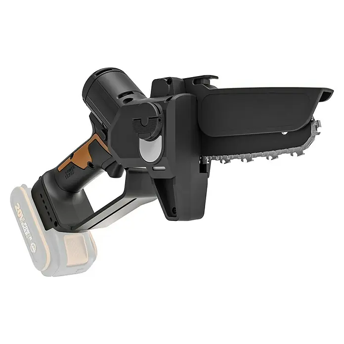 Worx PowerShare 20V Akku-Astsäge WG325E.9 - 20 V, Li-Ionen, Ohne Akku, Schwertlänge: 12 cm - Bild einer akkubetriebenen, tragbaren Kettensäge von WORX in Schwarz und Orange, ideal für Baumschnittarbeiten im Garten.