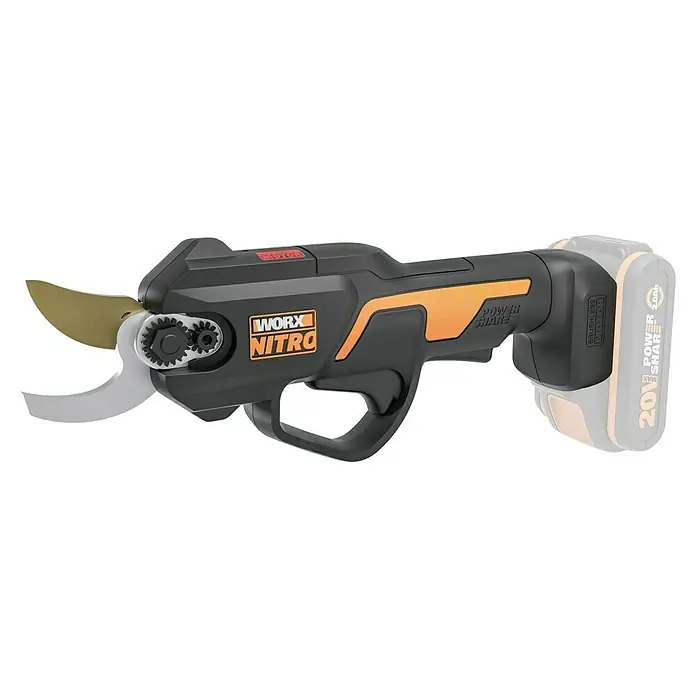 Worx PowerShare 20V Akku-Astschere WG330E.9 - 20 V, Ohne Akku, Max. Aststärke: 25 mm - Das Bild zeigt eine Worx Nitro Akku-Gartenschere, ein kabelloses Werkzeug zum einfachen Schneiden von Ästen und Zweigen im Garten.