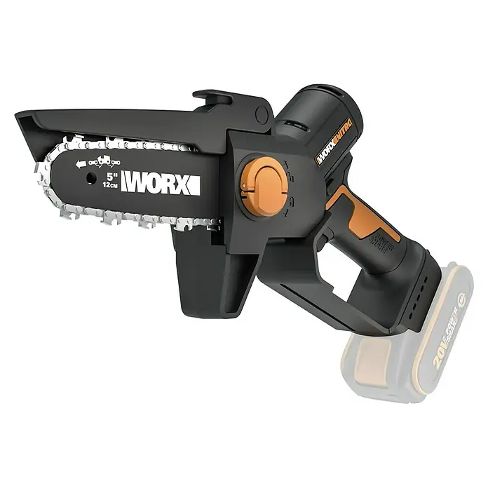Worx PowerShare 20V Akku-Astsäge WG325E.9 - 20 V, Li-Ionen, Ohne Akku, Schwertlänge: 12 cm - Abbildung einer WORX Nitro Akku-Kettensäge mit 5-Zoll-Schnittlänge. Ideal für Baumschnittarbeiten.
