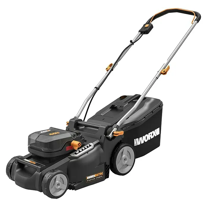 Worx PowerShare 20V Akku-Rasenmäher WG737E - 40 V, 2 Akkus, 4 Ah, Schnittbreite: 37 cm - Hier ist ein WORX Nitro Akku-Rasenmäher mit verstellbarem Griff für ein komfortables und effizientes Mäherlebnis.