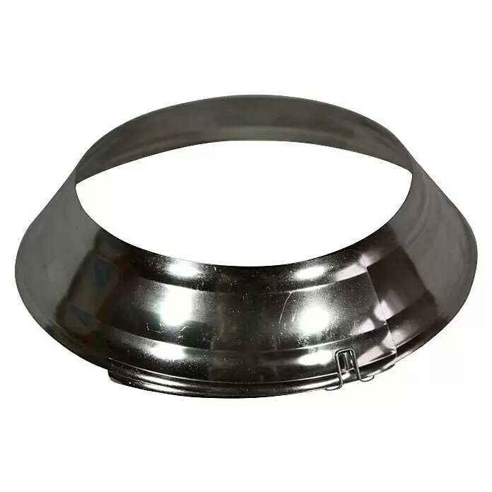 Ofenrohrrosette - Durchmesser: 135 mm - 165 mm, Vernickelt, Silber - Glänzender konischer Metallring mit Verschluss, wahrscheinlich für Rohr oder Lüftung.