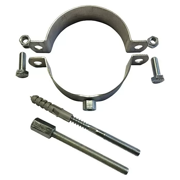 Rohrschelle - Durchmesser: 100 mm, Silber - Metallrohrschellen-Set mit zwei Hälften, Schrauben, Muttern, Gewindestangen und Kunststoffdübel zur sicheren Rohrbefestigung.
