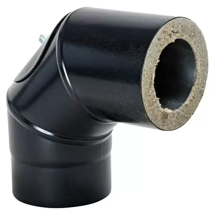 Pellet-Rohrbogen - Durchmesser: 80 mm, Schwarz - Schwarzes, isoliertes 90-Grad-Rauchrohrknie mit sichtbarer Innenisolierung.