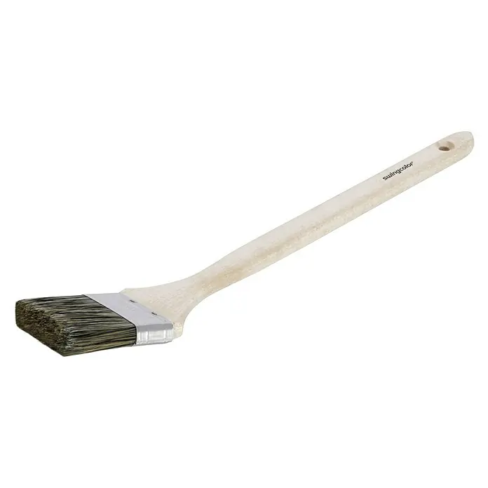 swingcolor Premium Fassadenstreicher - Breite Borsten: 60 mm, Mischborsten, Naturholz - Abgewinkelter Heizkörperpinsel von Swingcolor mit hellem Holzgriff und grau-braunen Borsten für Heizkörperlackierungen.