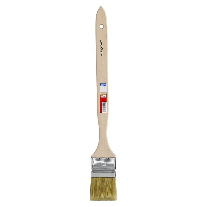 swingcolor Premium HeizkörperpinselBreite Borsten: 60 mm, Kunststoffborsten, Naturholz - Abbildung eines Premium-Farbpinsels "Swingcolor" mit Holzgriff und 60 mm Breite für hochwertige Malerarbeiten.