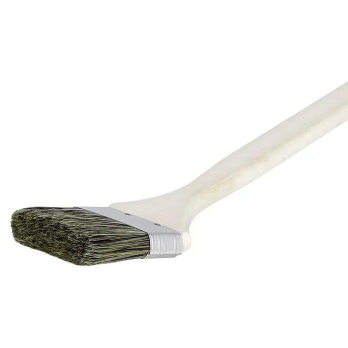 swingcolor Premium Fassadenstreicher - Breite Borsten: 60 mm, Mischborsten, Naturholz - Detailaufnahme eines Heizkörperpinsels mit hellem Holzgriff und grauen Borsten vor schwarzem Hintergrund.