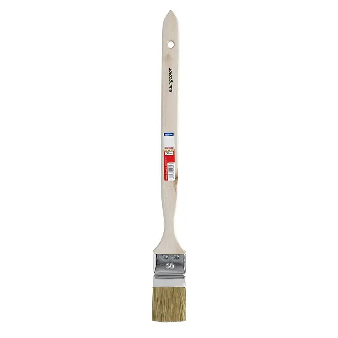 swingcolor Premium Heizkörperpinsel - Breite Borsten: 50 mm, Kunststoffborsten, Naturholz - Ein Pinsel der Marke Swingcolor mit Holzgriff und Metallfassung, ideal für Malerarbeiten. Das Werkzeug ist ein Qualitätsprodukt für präzise Anstriche.