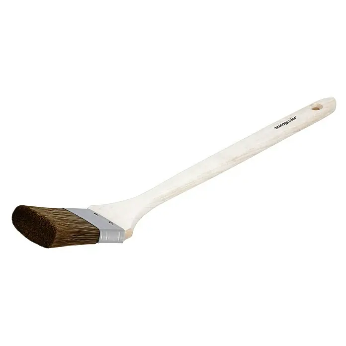 swingcolor Premium Fassadenstreicher Lasur - Breite Borsten: 60 mm, Hollestermischung, Naturholz - Abgewinkelter Heizkörperpinsel von Swingcolor mit hellem Holzgriff und braunen Borsten zum einfachen Streichen schwer zugänglicher Stellen.