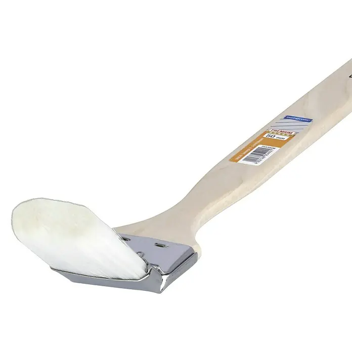 swingcolor Premium Heizkörperpinsel - Breite Borsten: 50 mm, Mischborsten, Naturholz - Nahaufnahme eines Heizkörperpinsels mit hellem Holzgriff und weißen Borsten.