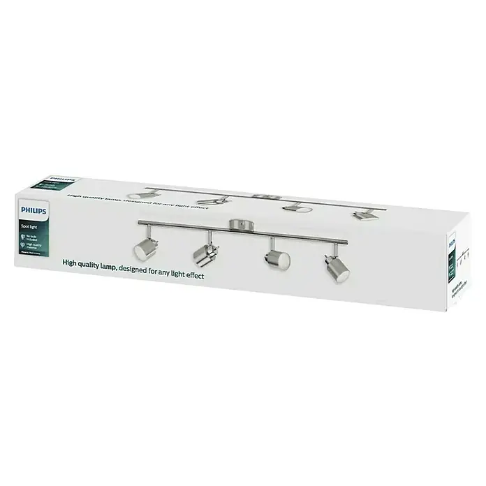 Philips Regleta Meranti - 140 W, L x An x Al: 10 x 69 x 15,5 cm, Níquel/Cromo, GU10, 4 ud. - Embalaje de un foco Philips con cuatro luces. Diseño moderno para efectos de iluminación versátiles, ideal para una iluminación elegante.