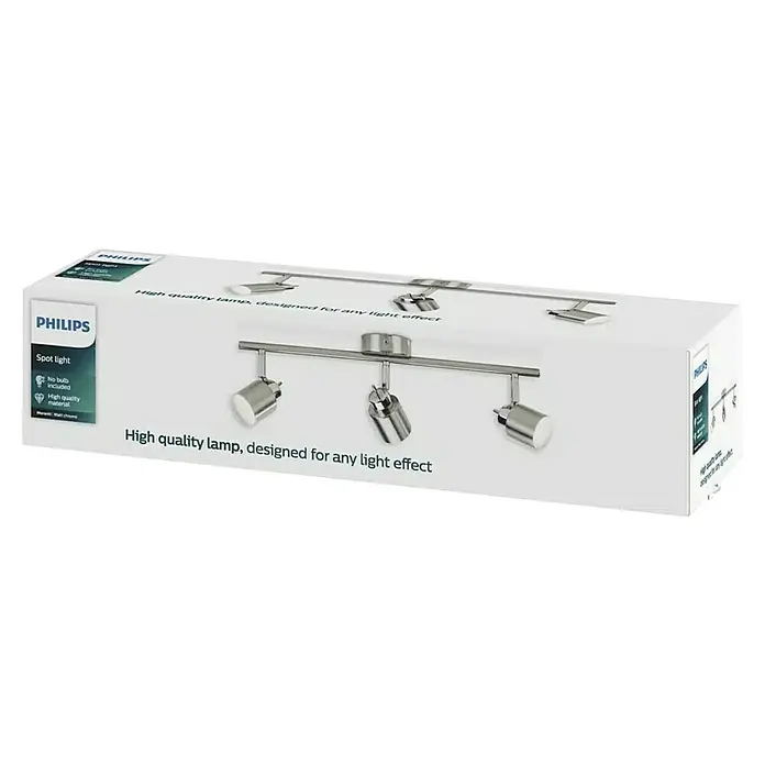 Philips Regleta Meranti - 35 W, L x An x Al: 10 x 49 x 15,5 cm, Níquel/Cromo, GU10, 3 ud. - Embalaje de un foco Philips, que promete un diseño de alta calidad para cualquier efecto de iluminación; bombilla no incluida.