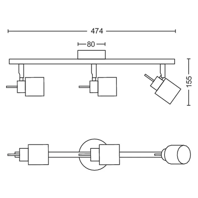Philips Regleta Meranti - 35 W, L x An x Al: 10 x 49 x 15,5 cm, Níquel/Cromo, GU10, 3 ud. - Diagrama de una lámpara de techo de 3 luces que muestra las dimensiones y el diseño del producto.
