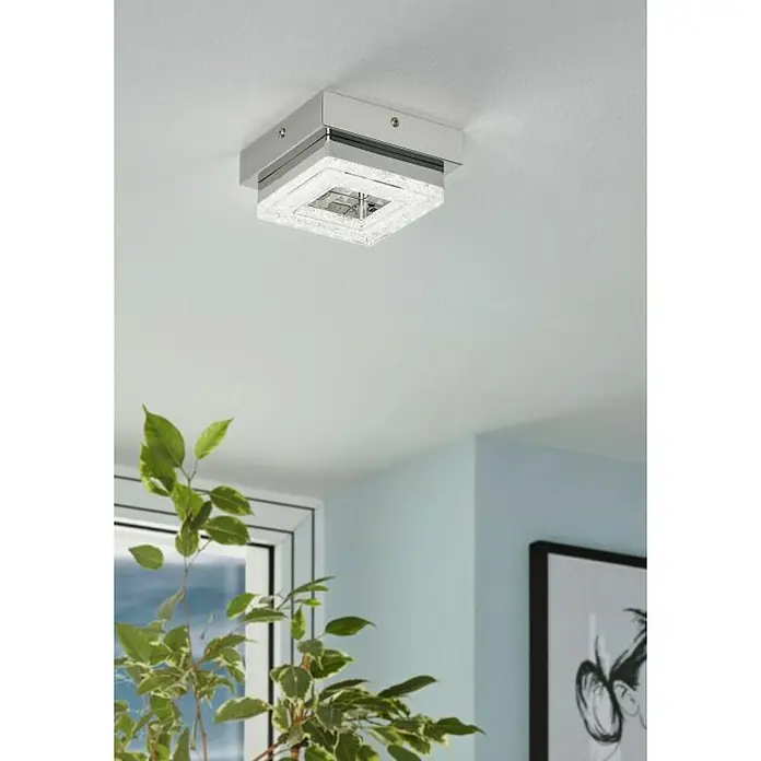 Eglo Plafón LED para pared y techo Fradello - 4 W, L x An x Al: 14 x 14 x 6 cm, Cromo, Blanco cálido - Lámpara de techo cuadrada con base cromada y detalles decorativos de cristal, que aporta un toque de elegancia y diseño moderno al espacio.