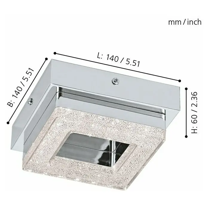 Eglo Plafón LED para pared y techo Fradello - 4 W, L x An x Al: 14 x 14 x 6 cm, Cromo, Blanco cálido - Primer plano de la lámpara de techo LED cuadrada con textura de cristal y borde plateado, dimensiones incluidas.