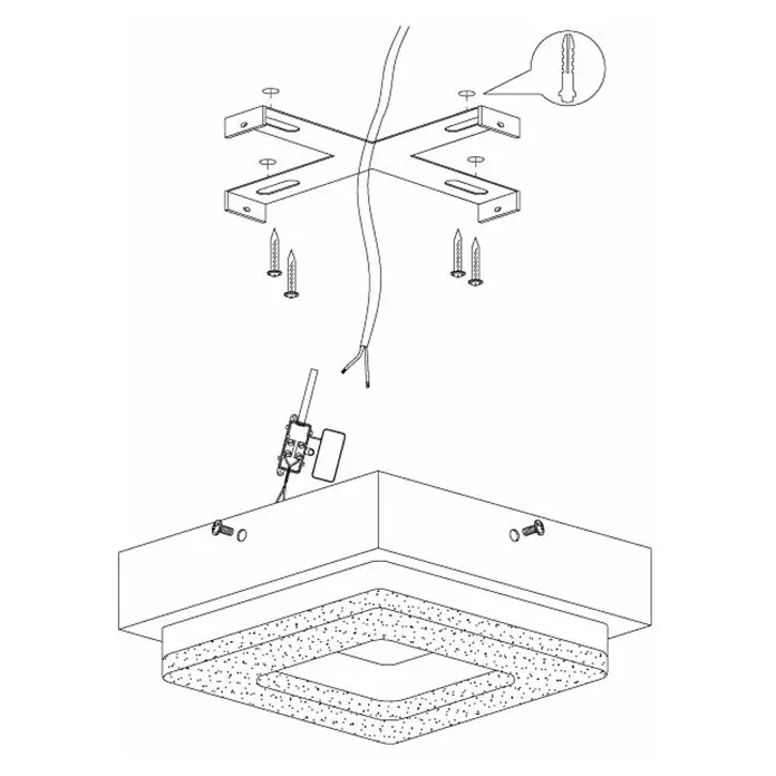 Eglo Plafón LED para pared y techo Fradello - 4 W, L x An x Al: 14 x 14 x 6 cm, Cromo, Blanco cálido - Ilustración de una lámpara de techo cuadrada con instrucciones de montaje, incluyendo tornillos y soporte.