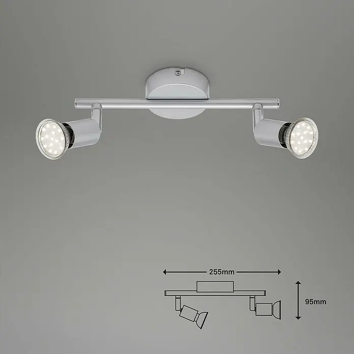 Briloner Regleta LED Picco - 6 W, L x An x Al: 8 x 25,5 x 9,5 cm, Plateado, Blanco cálido, 2 ud. - Lámpara de techo con dos focos cromados, incluyendo detalles de dimensiones en la imagen.