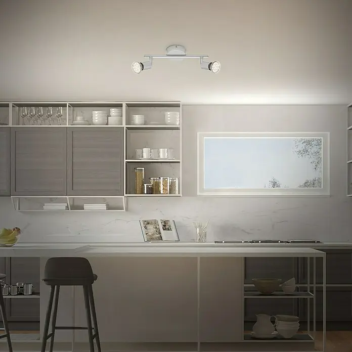 Briloner Regleta LED Picco - 6 W, L x An x Al: 8 x 25,5 x 9,5 cm, Plateado, Blanco cálido, 2 ud. - Lámpara de techo moderna con dos focos para una iluminación óptima de la cocina. Su diseño sencillo encaja perfectamente en cocinas modernas.
