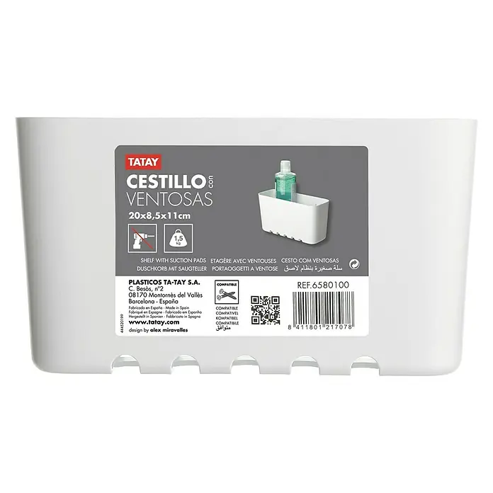 Tatay Standard Cesta de baño - L x An x Al: 8,5 x 20 x 11 cm, Blanco - Estante Tatay Cestillo Ventosas para baño y cocina con ventosas, 20x8,5x11cm, perfecto para guardar artículos de baño.