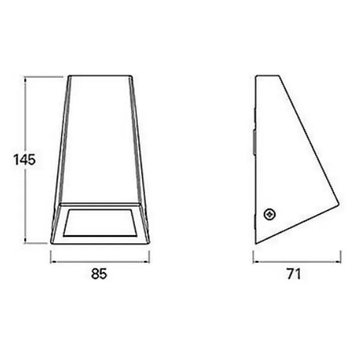 Forlight Aplique exterior Karen - 35 W, 7,1 x 8,5 x 14,5 cm, Negro, IP44, GU10 - Esquema de la lámpara de pared LED con dimensiones de 145mm de altura y 85mm de ancho, diseño moderno y forma trapezoidal.